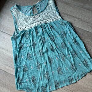 Boho Lace Accent Tank Top - Blue & White - Women's Size Large
